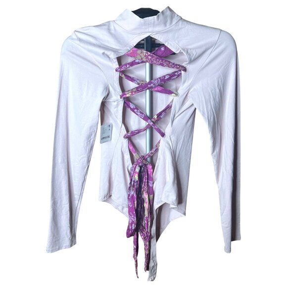 Free People Intimately Bodysuit Large Mauve Chalk Lace Up Back Long Sleeve NWT - Picture 1 of 10